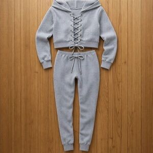 Lavender Rib Knit Streetwear Society Matching Set Cropped Hoodie and Leggings
